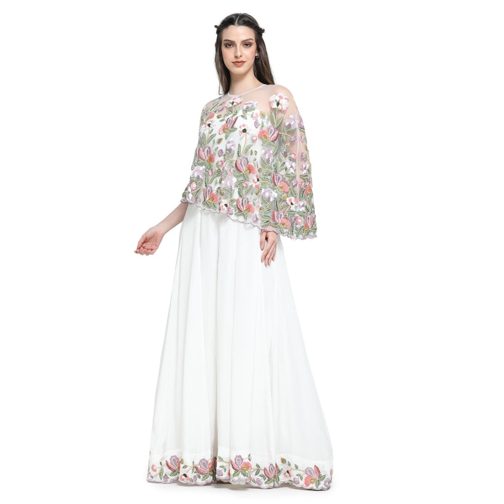 Pinnacle By Shruti Sancheti White Embroidered Cape with Jumpsuit (Set of 2)
