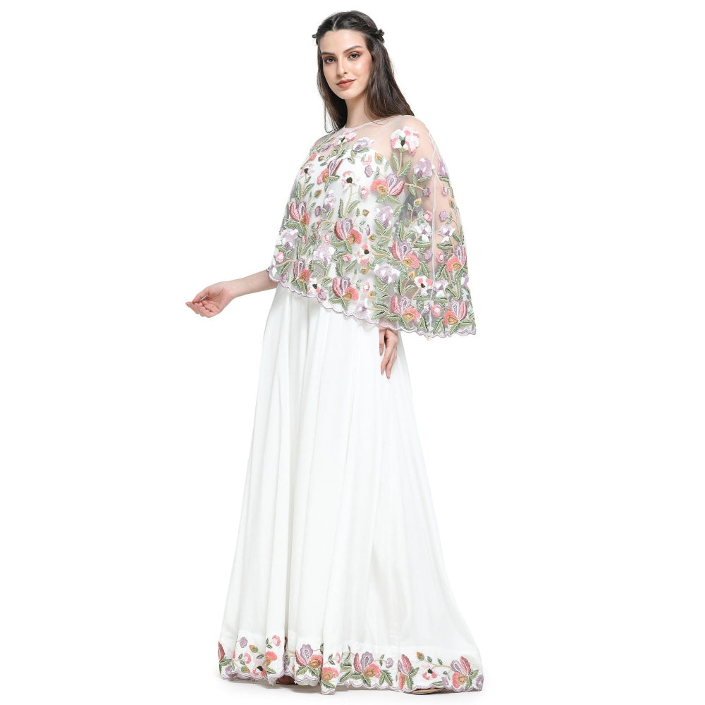 Pinnacle By Shruti Sancheti White Embroidered Cape with Jumpsuit (Set of 2)