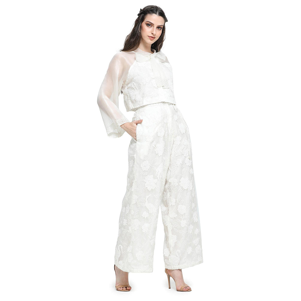 Pinnacle By Shruti Sancheti White Applique Embroidery Tie Up Top with Pant (Set of 2)