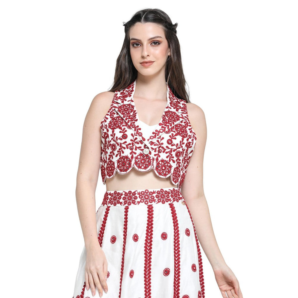 Pinnacle By Shruti Sancheti White Embroidered Crop Jacket with Bustier and Skirt (Set of 3)