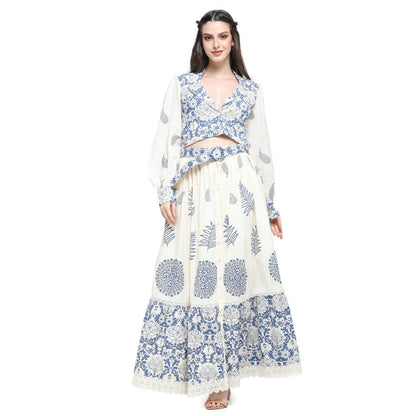 Pinnacle By Shruti Sancheti Bone Khadi Block Printed Top with Skirt (Set of 3)