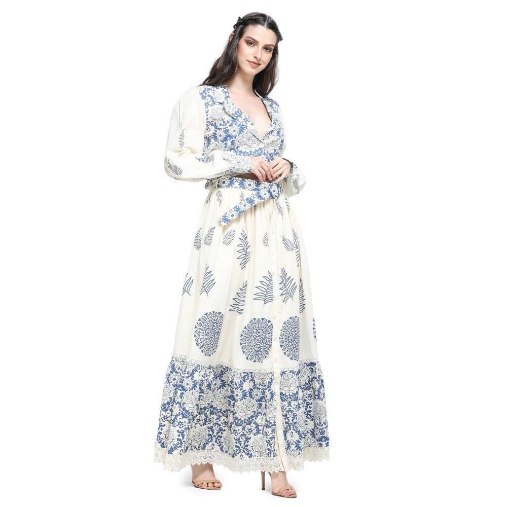 Pinnacle By Shruti Sancheti Bone Khadi Block Printed Top with Skirt (Set of 3)