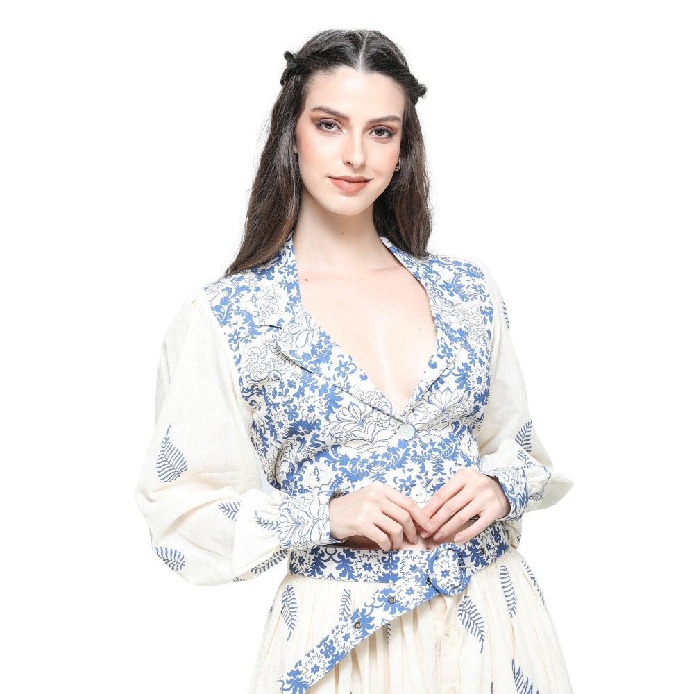 Pinnacle By Shruti Sancheti Bone Khadi Block Printed Top with Skirt (Set of 3)