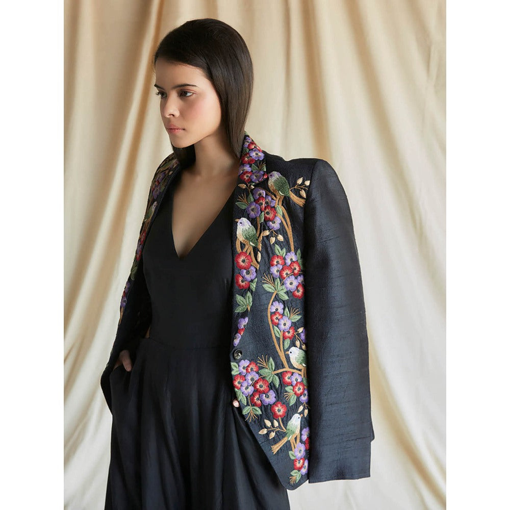 Pinnacle By Shruti Sancheti Black Raw Silk Bird Embroidered Blazer