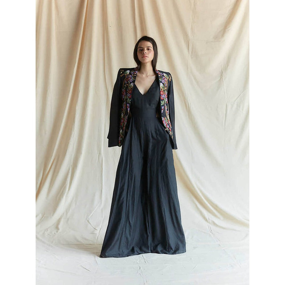 Pinnacle By Shruti Sancheti Black Raw Silk Bird Embroidered Blazer