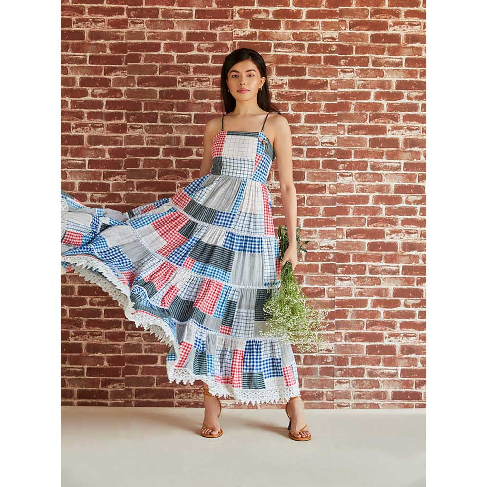 Pinnacle By Shruti Sancheti Cotton Check Patchwork Tiered Maxi Dress With Lace
