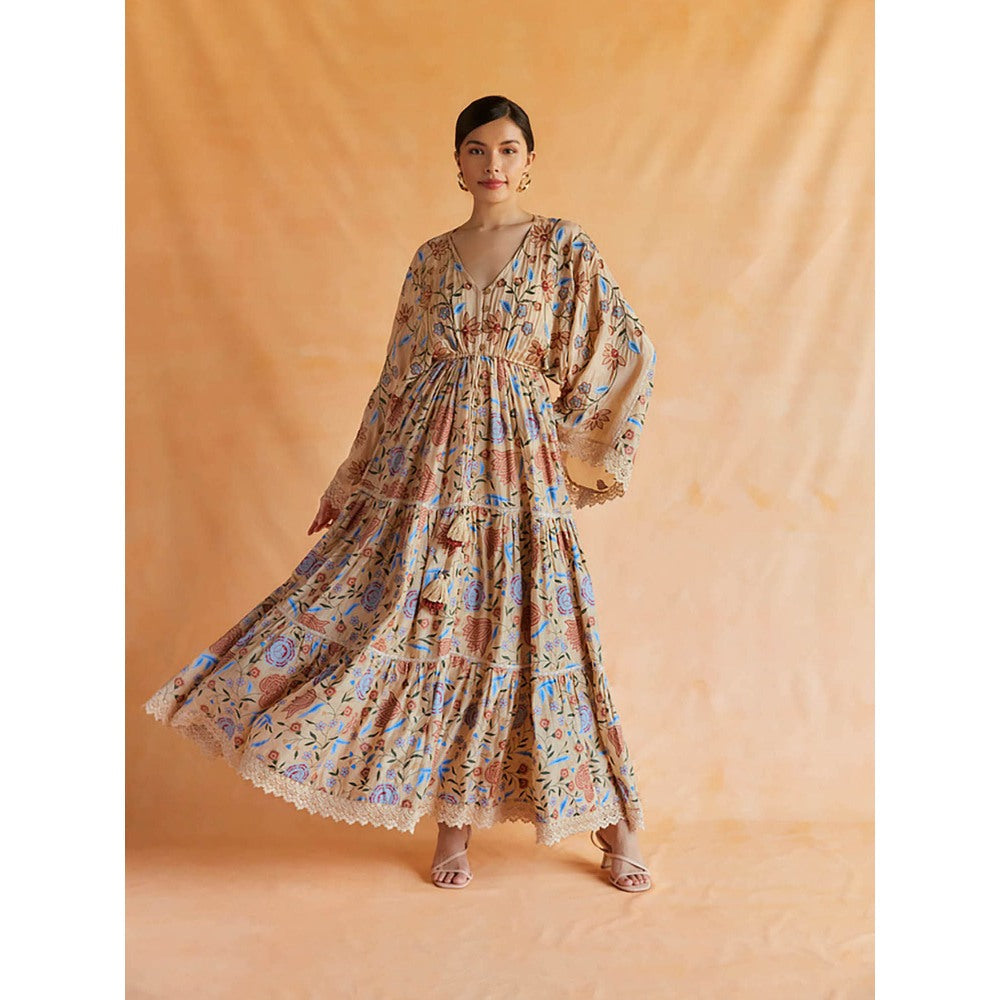 Pinnacle By Shruti Sancheti Beige Mul Printed And Embroidered Kimono Dress