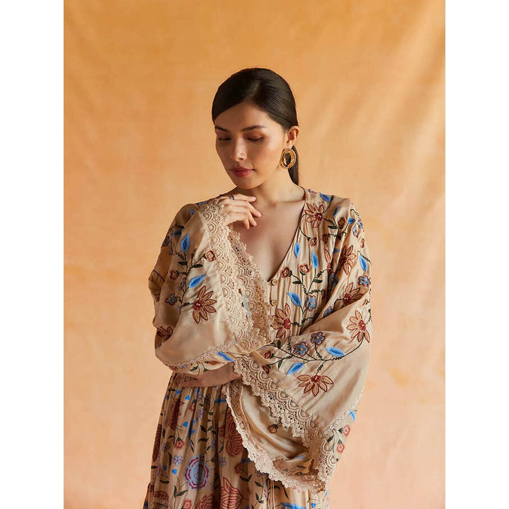 Pinnacle By Shruti Sancheti Beige Mul Printed And Embroidered Kimono Dress