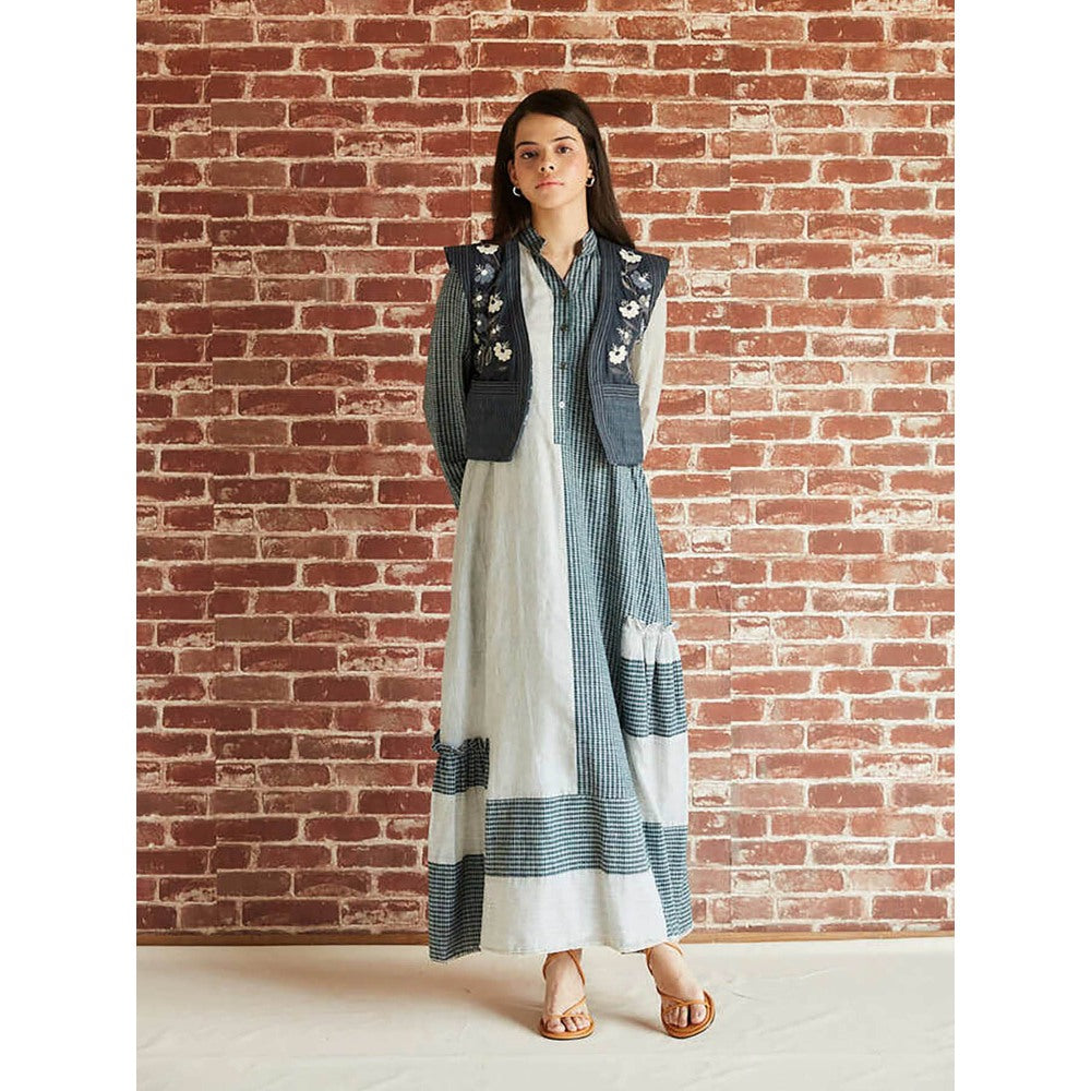 Pinnacle By Shruti Sancheti Dark Green Check Cotton Color Blocked Maxi Dress