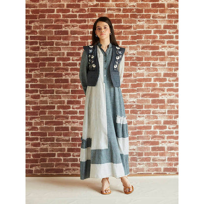 Pinnacle By Shruti Sancheti Dark Green Check Cotton Color Blocked Maxi Dress