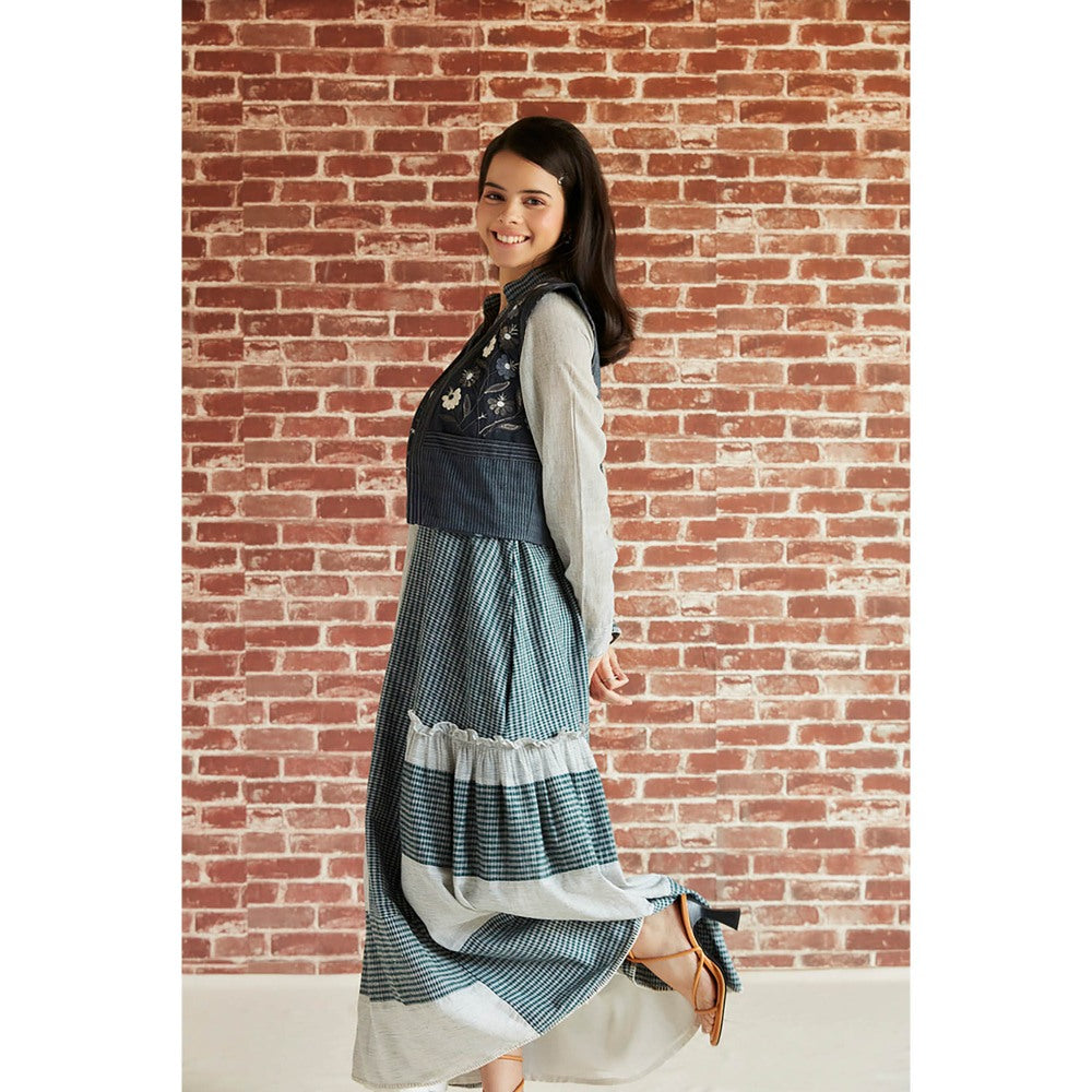 Pinnacle By Shruti Sancheti Dark Green Check Cotton Color Blocked Maxi Dress