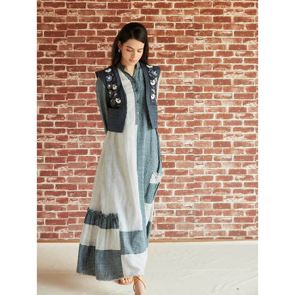 Pinnacle By Shruti Sancheti Dark Green Check Cotton Color Blocked Maxi Dress