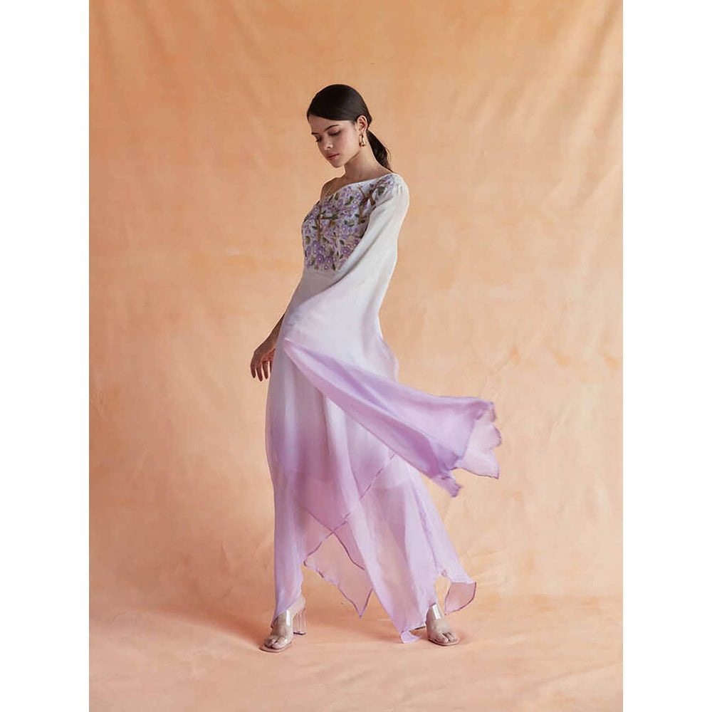 Pinnacle By Shruti Sancheti White With Pink Ombre One Shoulder Asymmetrical Embroidered Dress