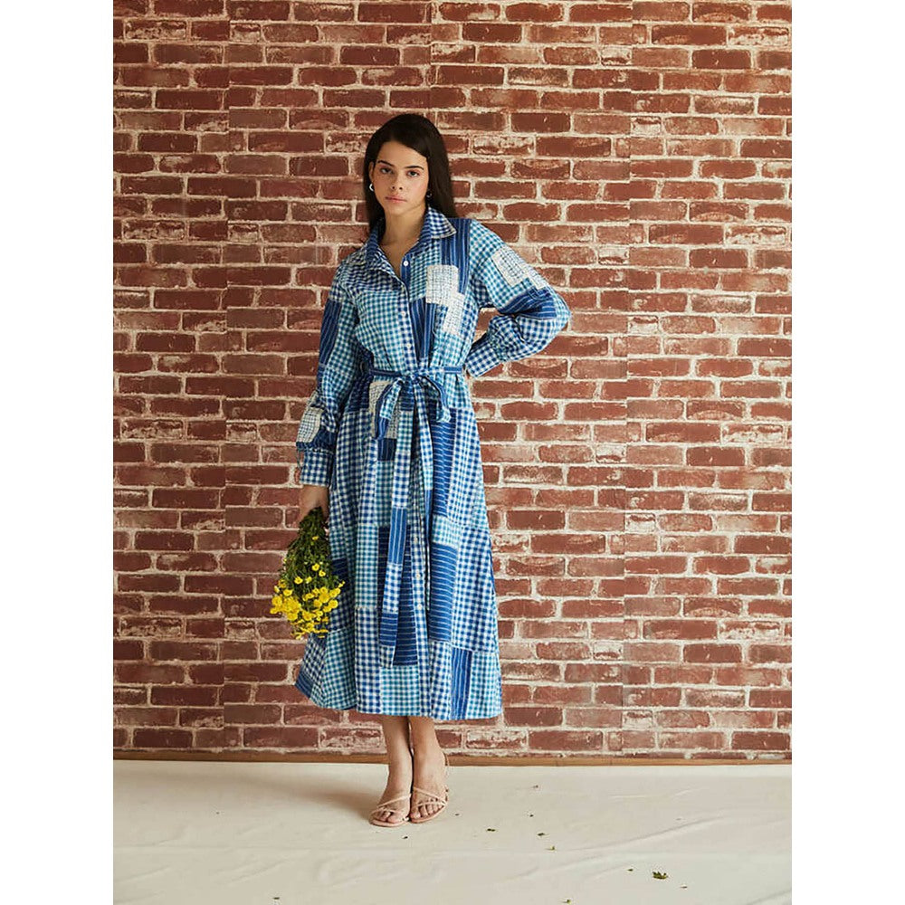 Pinnacle By Shruti Sancheti Blue Check Spliced Cotton Shirt Dress (Set of 2)