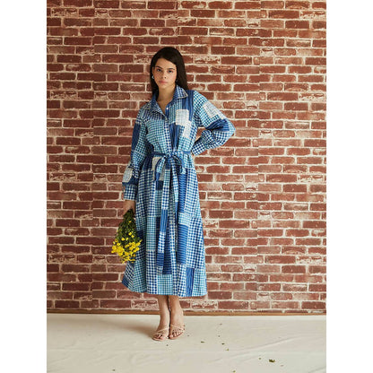 Pinnacle By Shruti Sancheti Blue Check Spliced Cotton Shirt Dress (Set of 2)