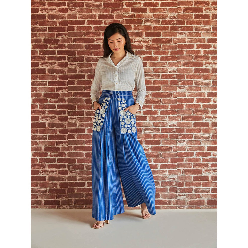 Pinnacle By Shruti Sancheti Blue Cotton Stripe Pleated And Embroidered Palazzo