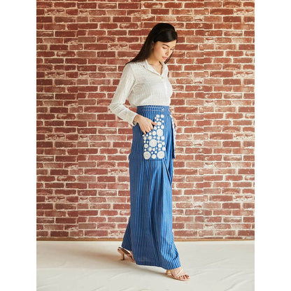 Pinnacle By Shruti Sancheti Blue Cotton Stripe Pleated And Embroidered Palazzo