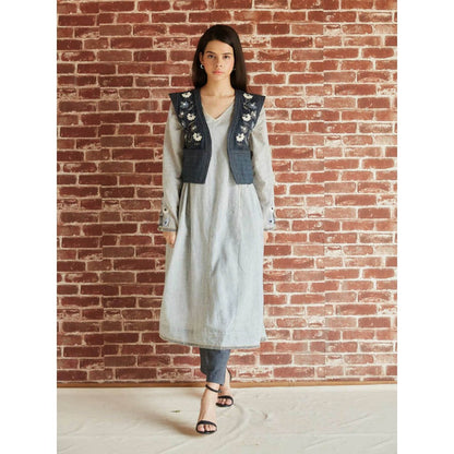 Pinnacle By Shruti Sancheti Grey Cotton Embroidered Kurta with Black Pant (Set of 2)