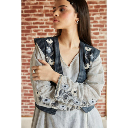 Pinnacle By Shruti Sancheti Grey Cotton Embroidered Kurta with Black Pant (Set of 2)