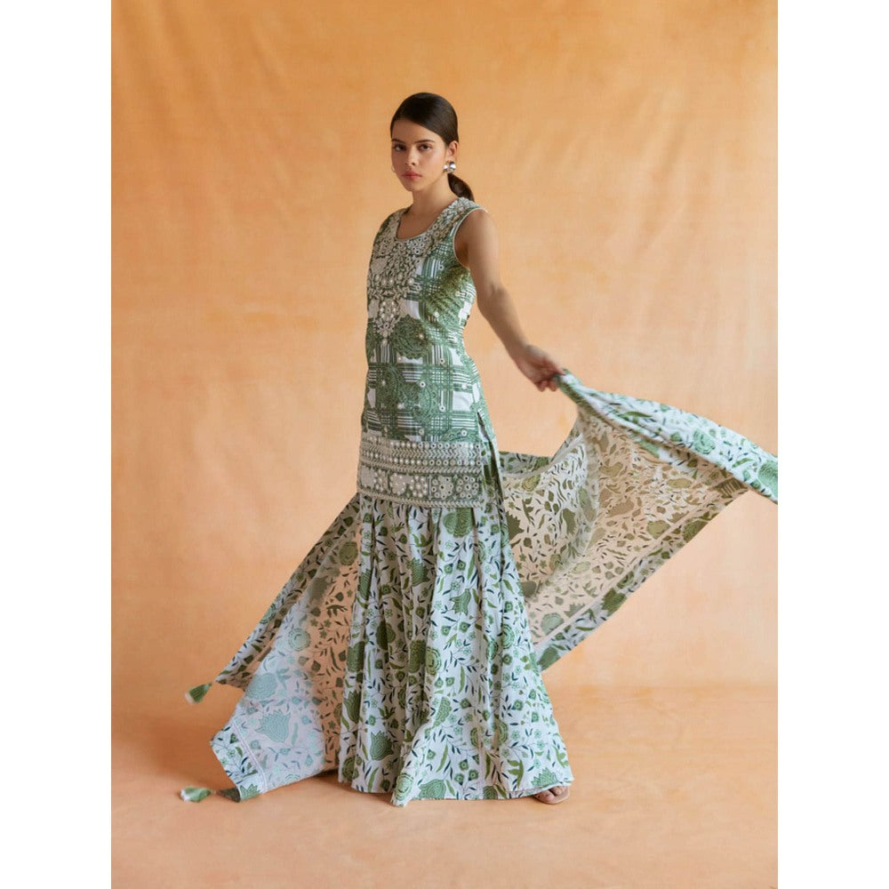 Pinnacle By Shruti Sancheti Green-White Printed Short Kurta Palazzo and Dupatta (Set of 3)