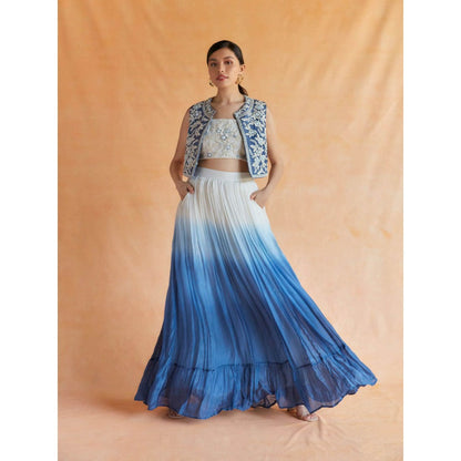 Pinnacle By Shruti Sancheti Blue-White Ombre Skirt with Top & Embroidered Crop Vest (Set of 3)