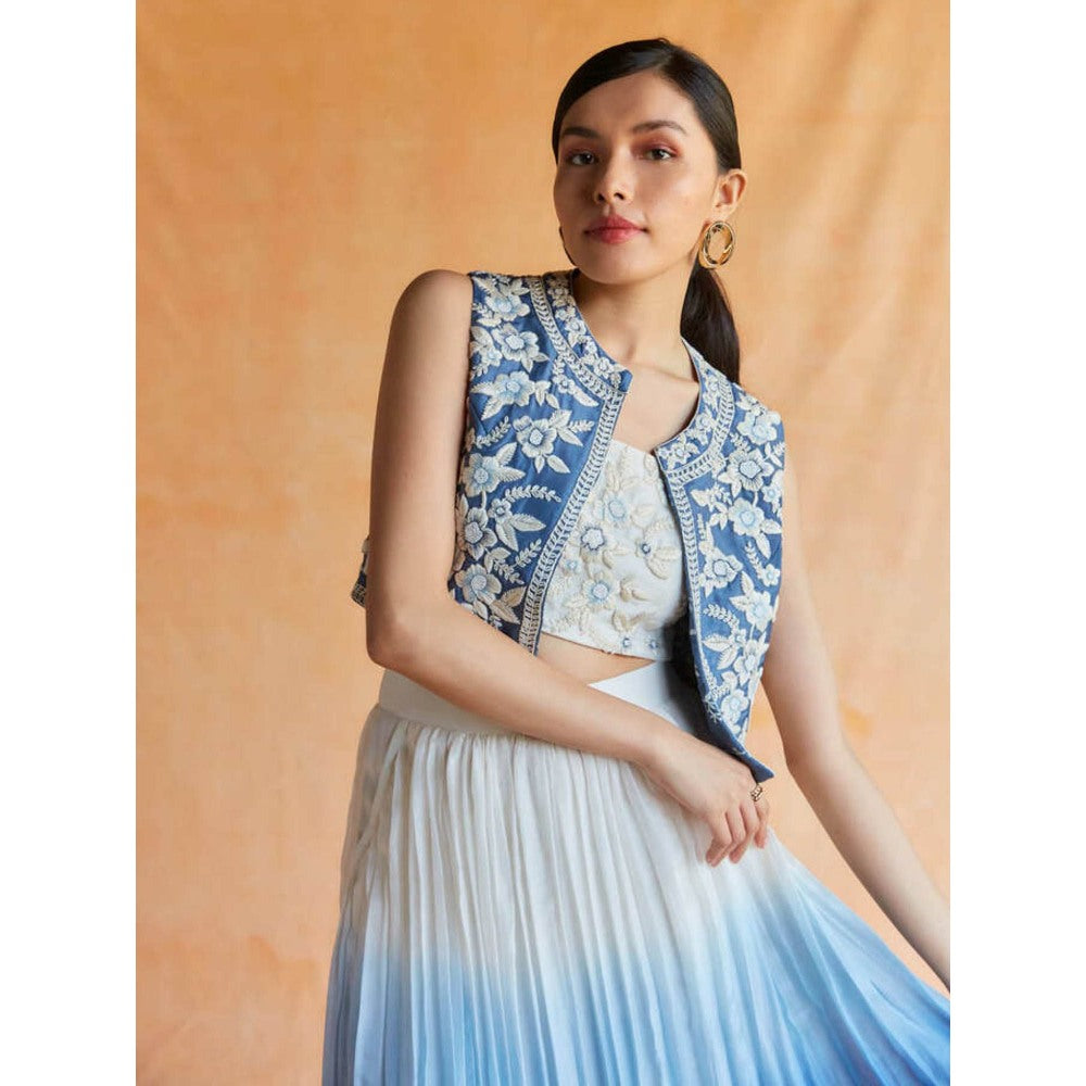 Pinnacle By Shruti Sancheti Blue-White Ombre Skirt with Top & Embroidered Crop Vest (Set of 3)