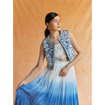 Pinnacle By Shruti Sancheti Blue-White Ombre Skirt with Top & Embroidered Crop Vest (Set of 3)