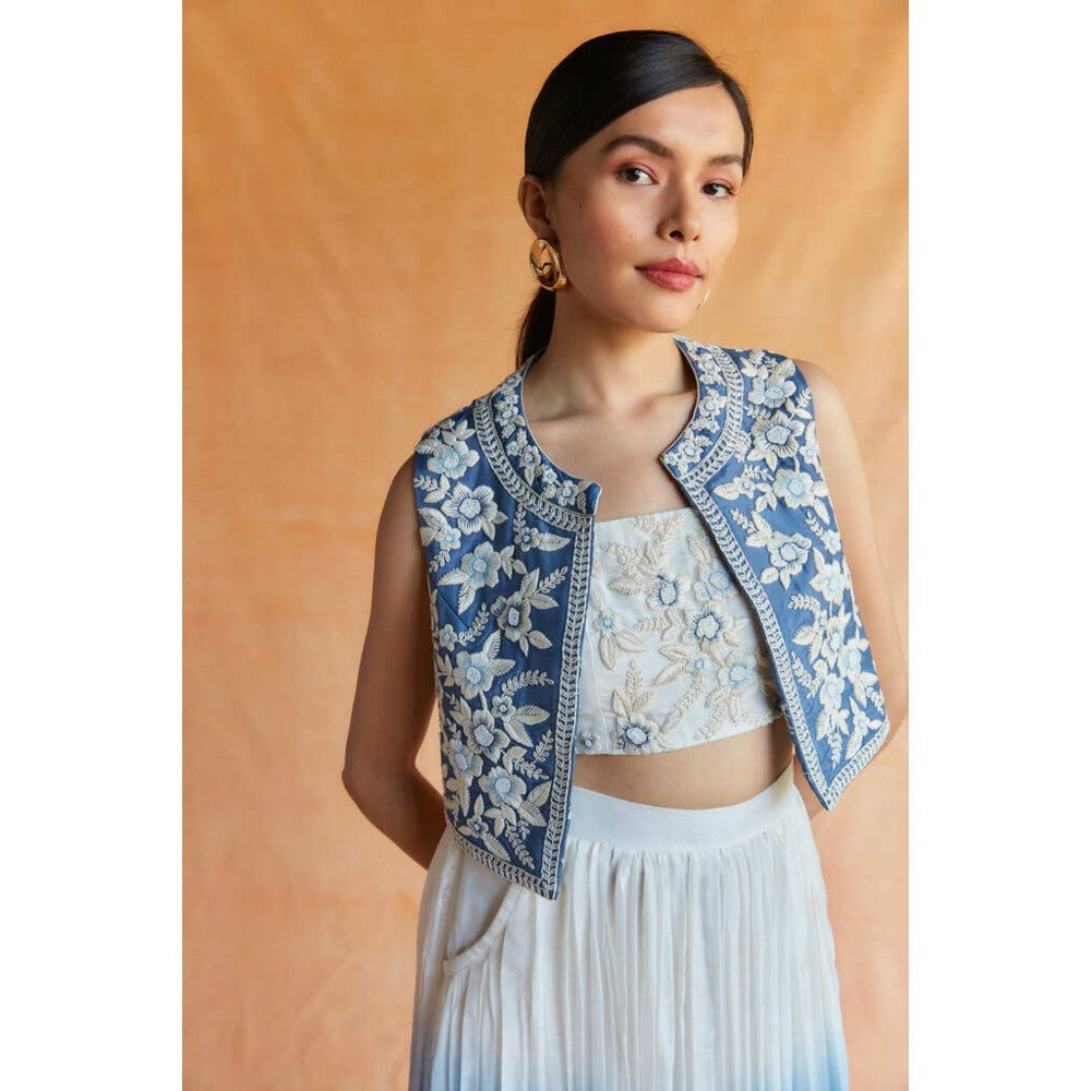 Pinnacle By Shruti Sancheti Blue-White Ombre Skirt with Top & Embroidered Crop Vest (Set of 3)