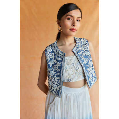 Pinnacle By Shruti Sancheti Blue-White Ombre Skirt with Top & Embroidered Crop Vest (Set of 3)