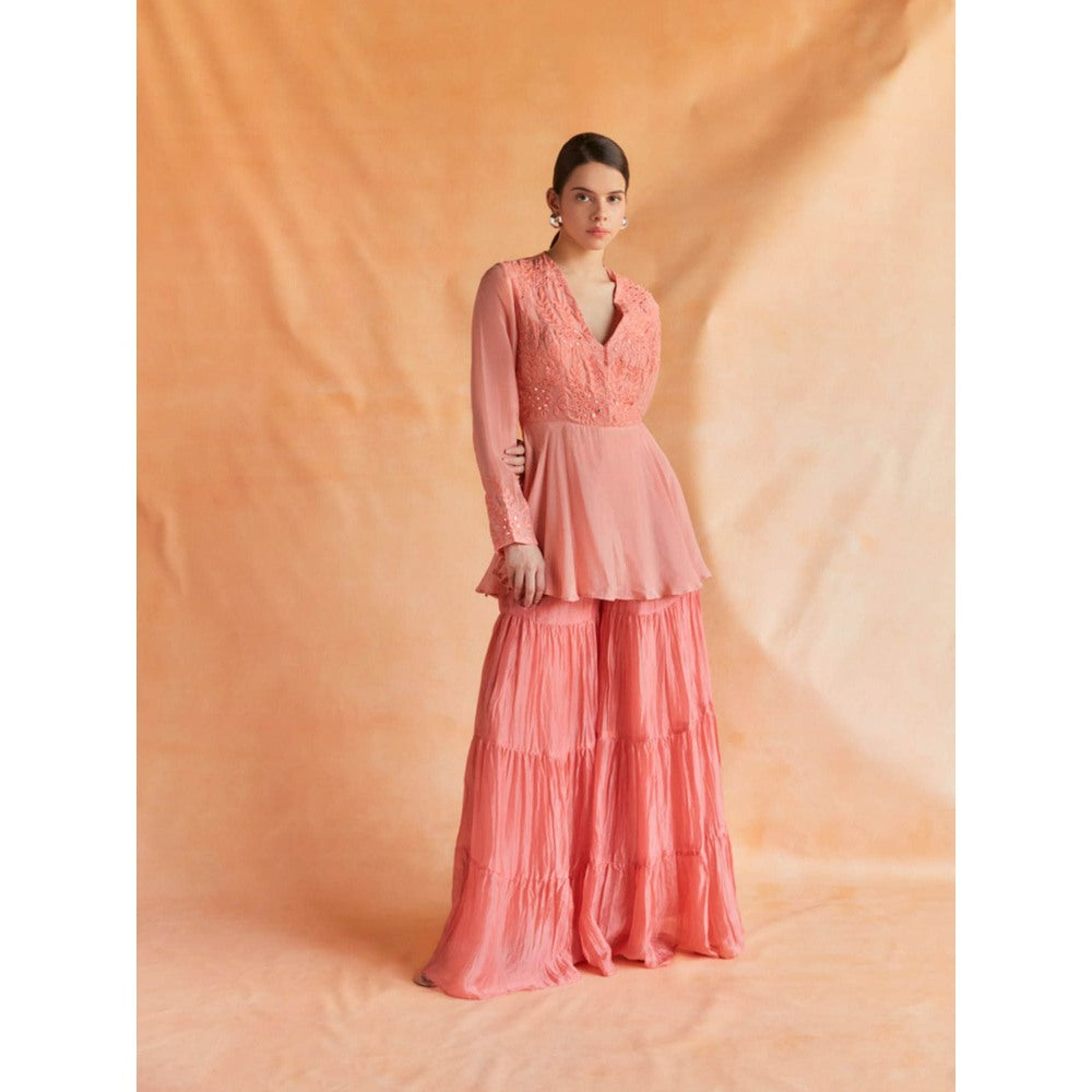 Pinnacle By Shruti Sancheti Coral Embroidered Peplum Top with Sharara Pant (Set of 2)
