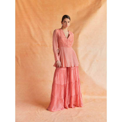 Pinnacle By Shruti Sancheti Coral Embroidered Peplum Top with Sharara Pant (Set of 2)