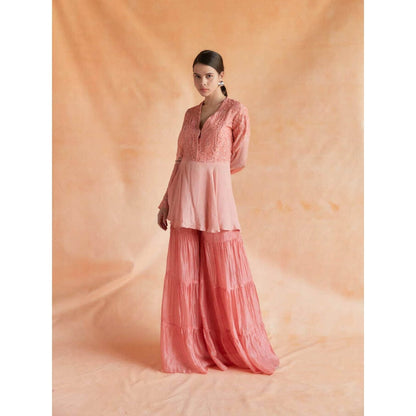 Pinnacle By Shruti Sancheti Coral Embroidered Peplum Top with Sharara Pant (Set of 2)