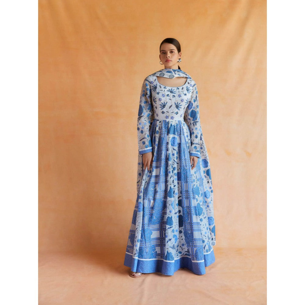 Pinnacle By Shruti Sancheti Blue and White Printed Anarkali with Dupatta (Set of 2)