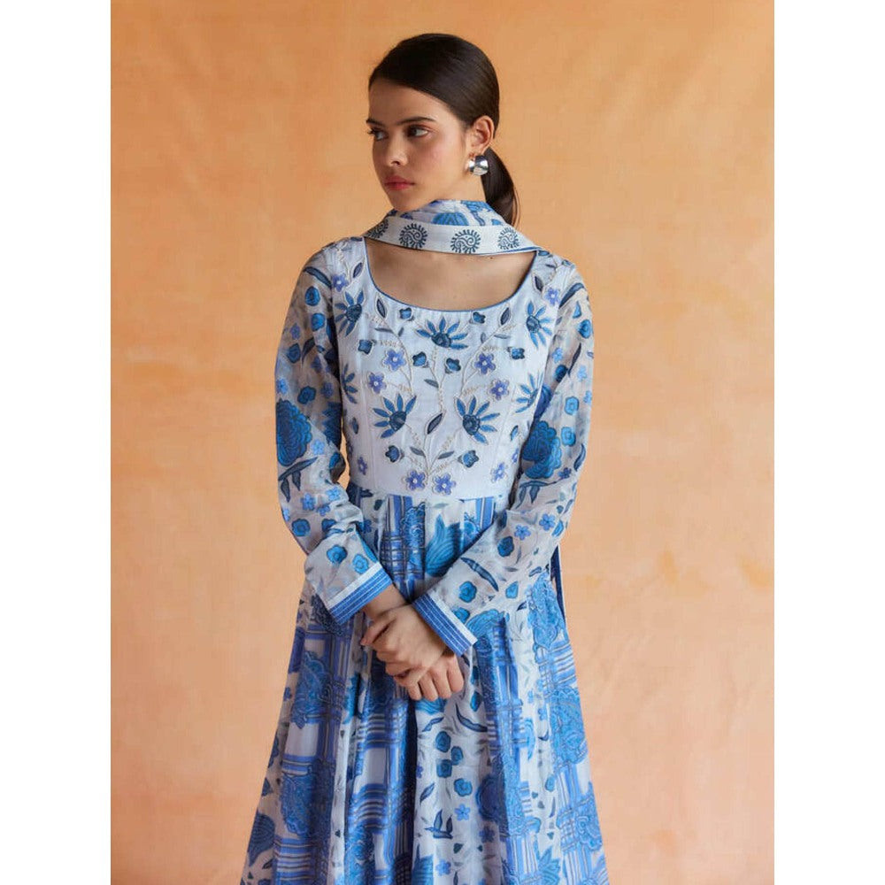 Pinnacle By Shruti Sancheti Blue and White Printed Anarkali with Dupatta (Set of 2)