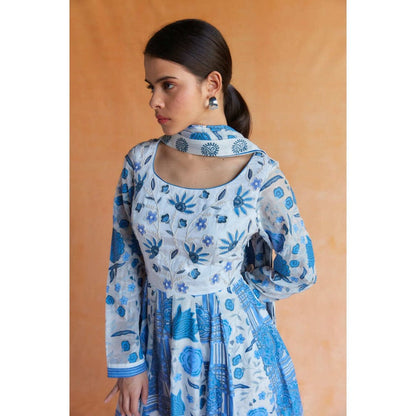 Pinnacle By Shruti Sancheti Blue and White Printed Anarkali with Dupatta (Set of 2)