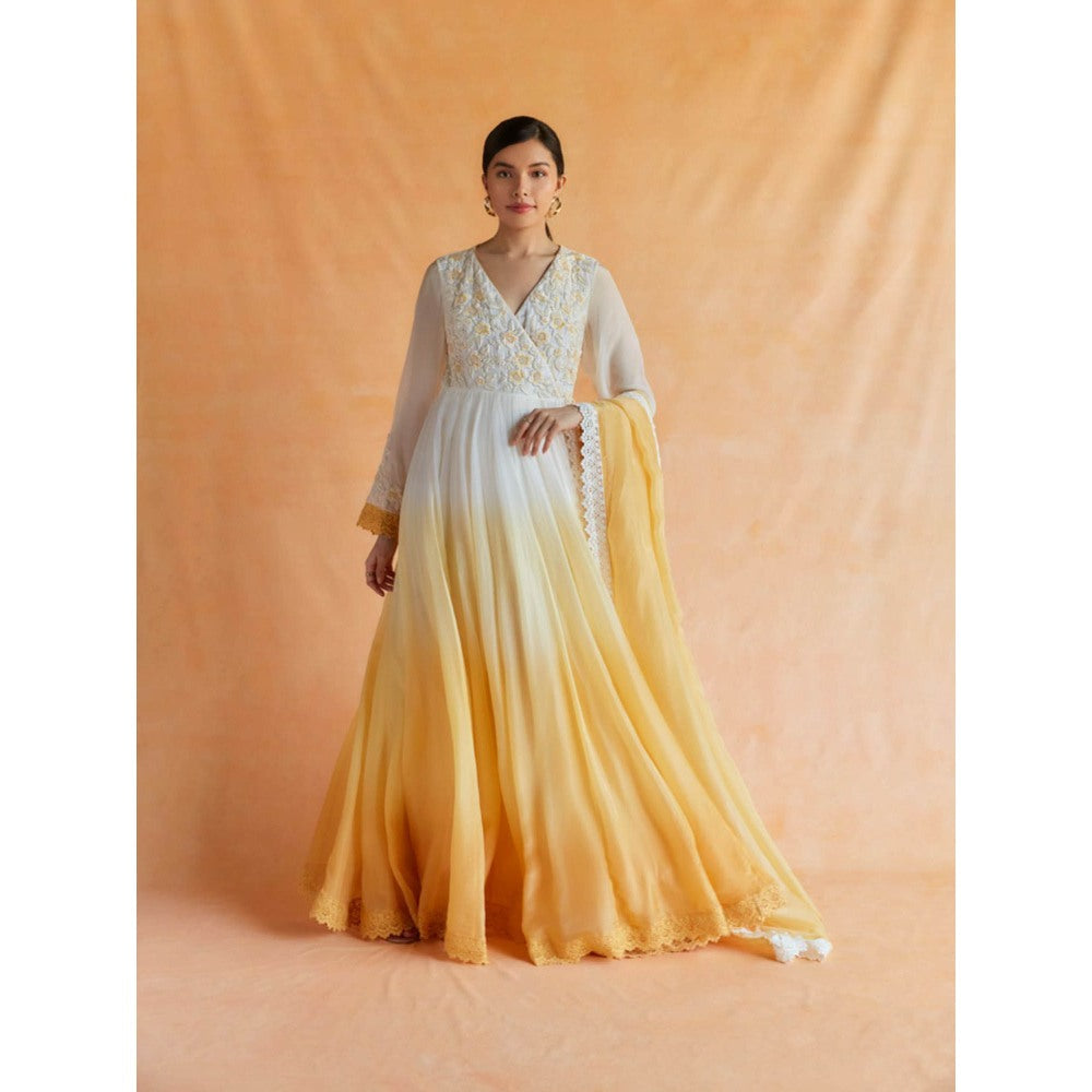 Pinnacle By Shruti Sancheti White and Yellow Ombre Angarakha Maxi with Dupatta (Set of 2)