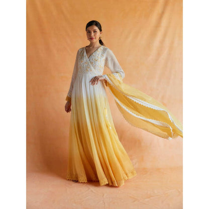 Pinnacle By Shruti Sancheti White and Yellow Ombre Angarakha Maxi with Dupatta (Set of 2)