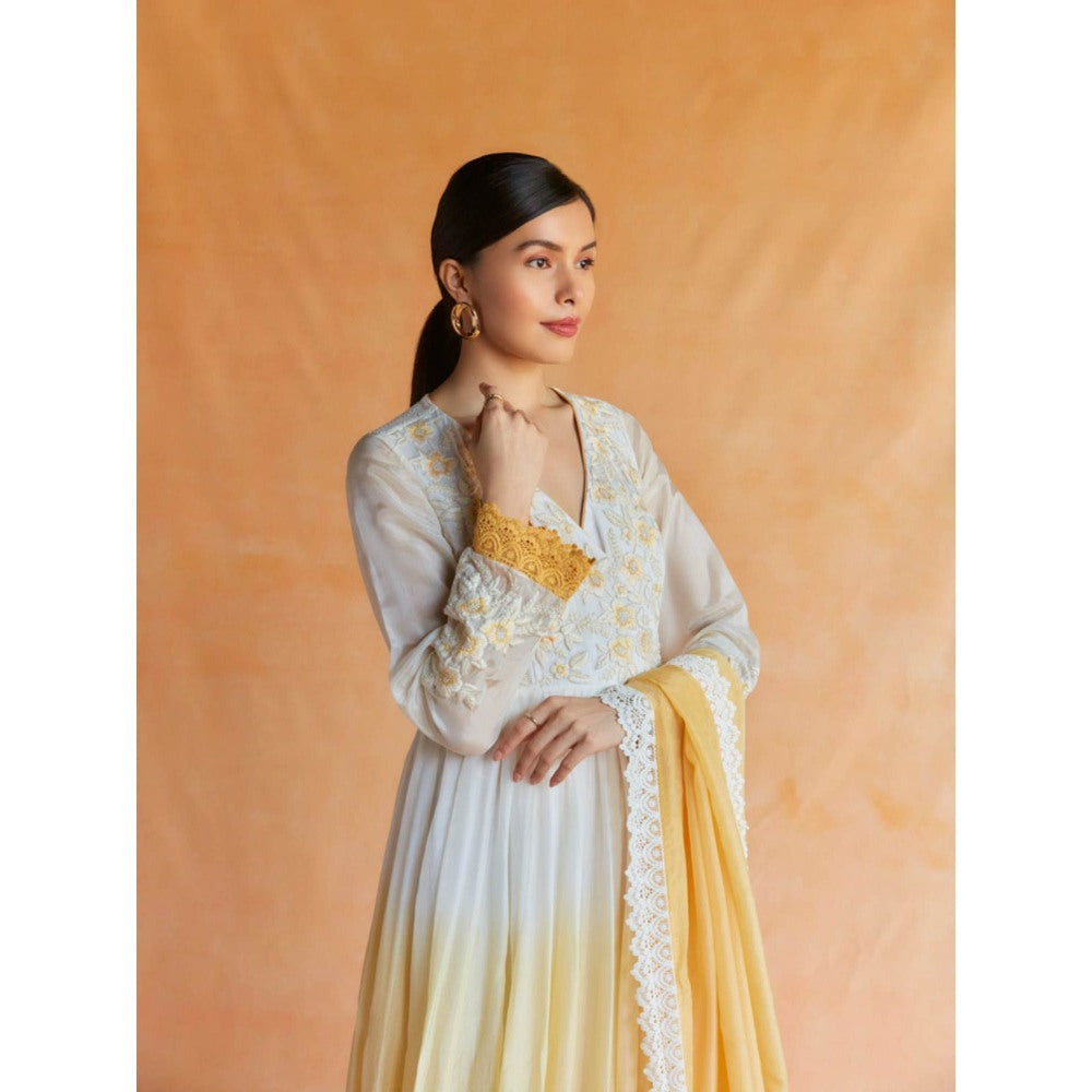 Pinnacle By Shruti Sancheti White and Yellow Ombre Angarakha Maxi with Dupatta (Set of 2)