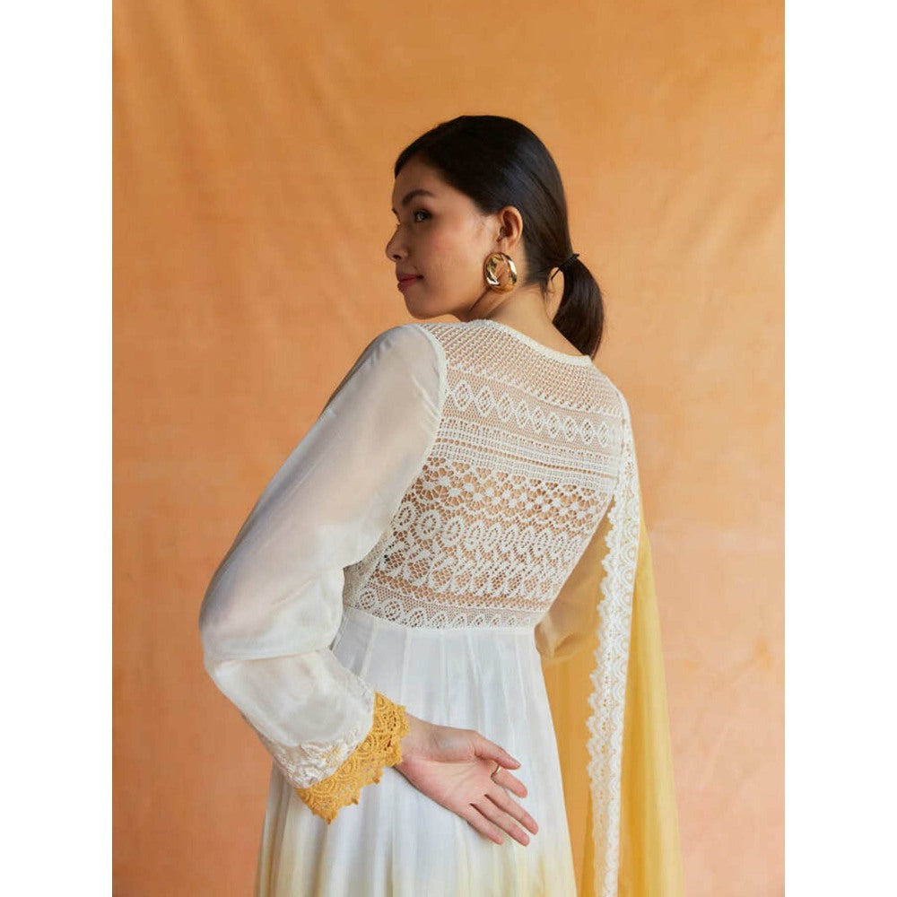 Pinnacle By Shruti Sancheti White and Yellow Ombre Angarakha Maxi with Dupatta (Set of 2)