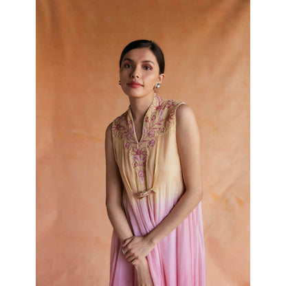Pinnacle By Shruti Sancheti Yellow and Pink Ombre Maxi with Embroidered Neck