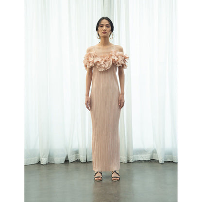 Pleats by Aruni Beige Pleated Flower Gown