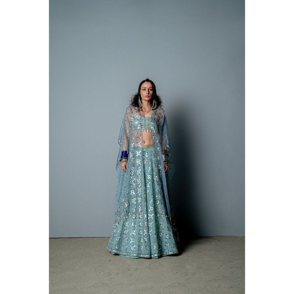 POOJA RAJGARHIA GUPTA Aqua Mosaic Lehenga with Blouse and Cape (Set of 3)