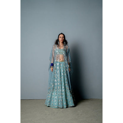 POOJA RAJGARHIA GUPTA Aqua Mosaic Lehenga with Blouse and Cape (Set of 3)