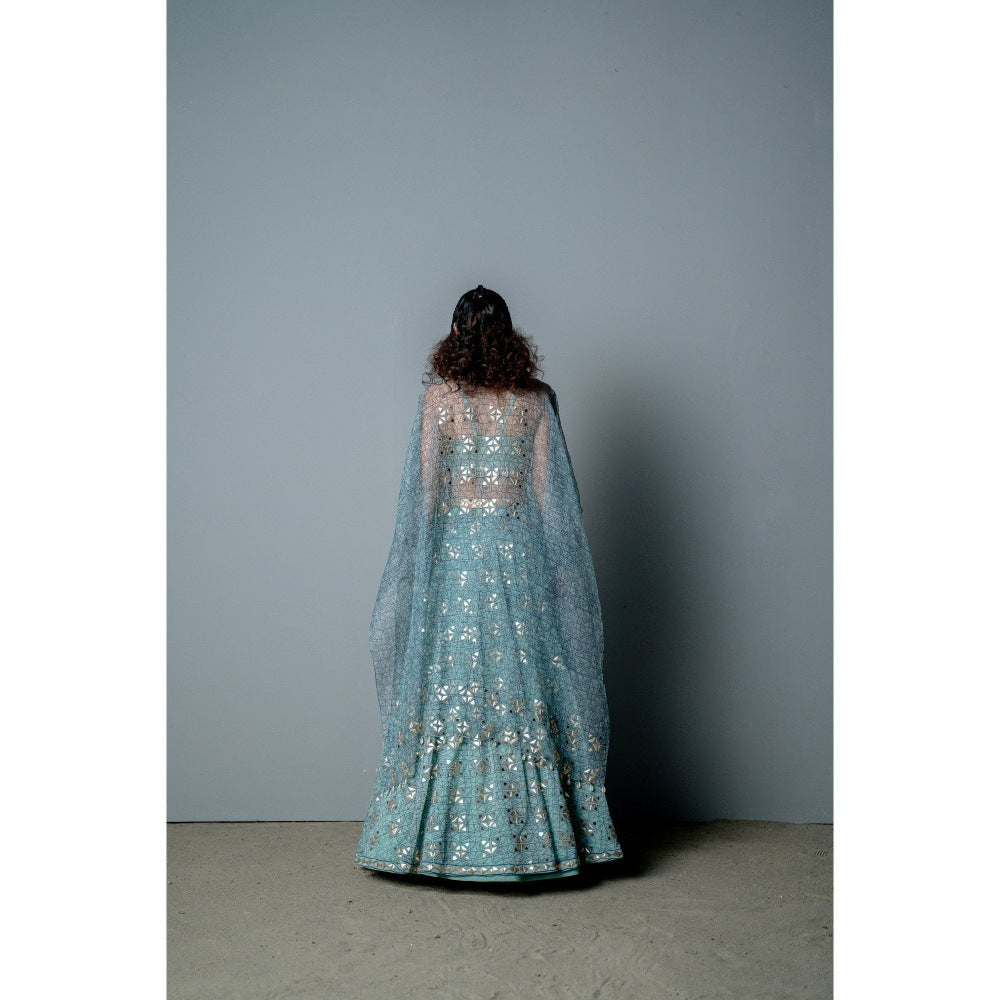 POOJA RAJGARHIA GUPTA Aqua Mosaic Lehenga with Blouse and Cape (Set of 3)