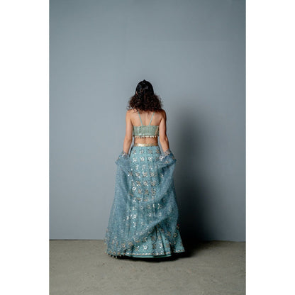 POOJA RAJGARHIA GUPTA Aqua Mosaic Lehenga with Blouse and Cape (Set of 3)