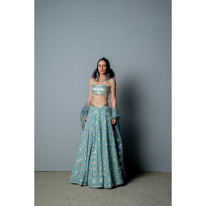 POOJA RAJGARHIA GUPTA Aqua Mosaic Lehenga with Blouse and Cape (Set of 3)