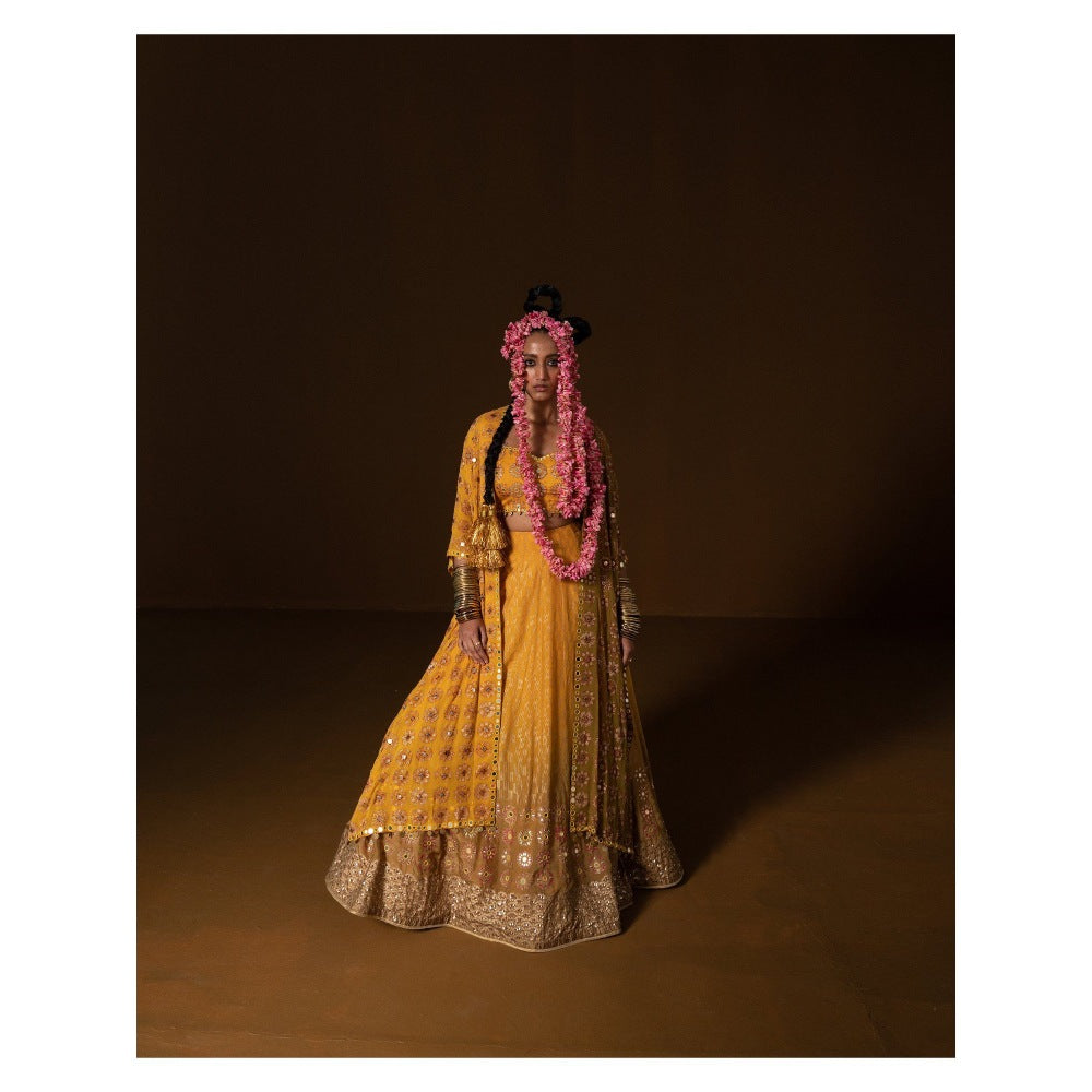 POOJA RAJGARHIA GUPTA Kesar Lehenga with Blouse and Cape (Set of 3)