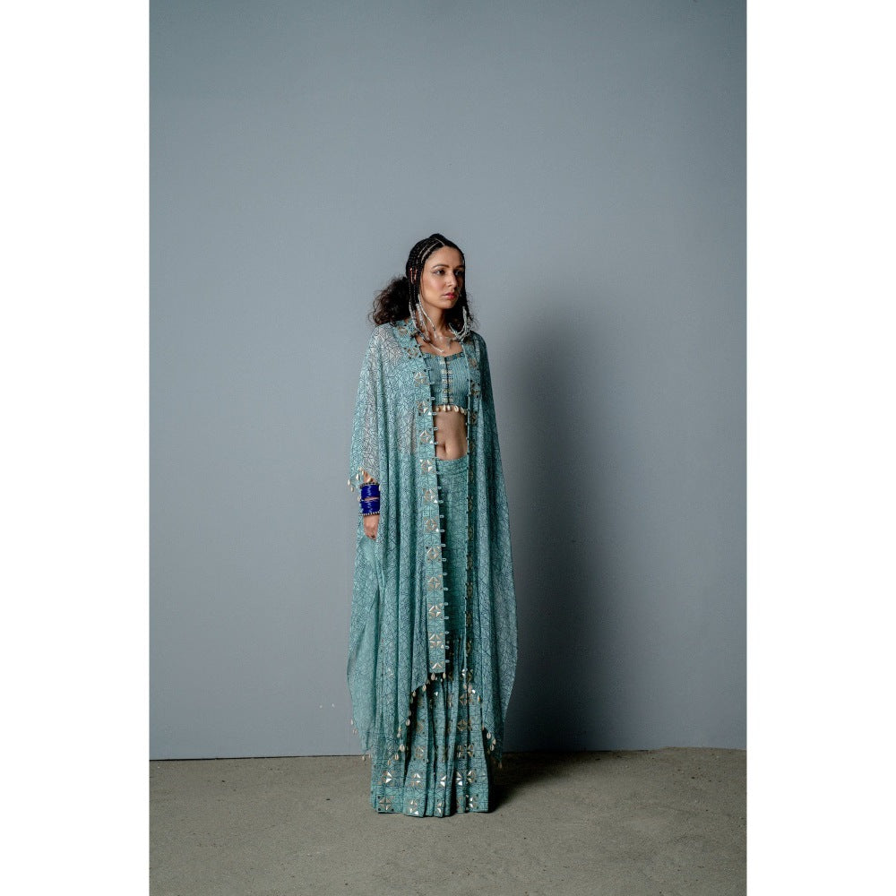 POOJA RAJGARHIA GUPTA Aqua Mosaic Sharara with Top and Cape (Set of 3)