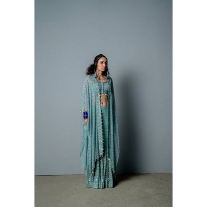 POOJA RAJGARHIA GUPTA Aqua Mosaic Sharara with Top and Cape (Set of 3)