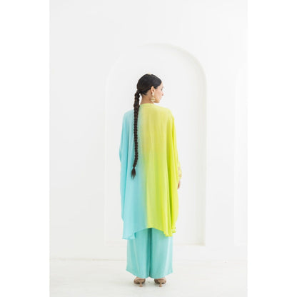 POOJA RAJGARHIA GUPTA Lime to Aqua Mogra Cuffed Kaftan with Pants (Set of 2)